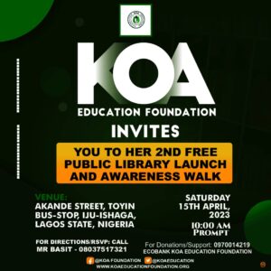Read more about the article KOA EDUCATION FOUNDATION 2ND FREE PUBLIC LIBRARY & AWARENESS WALK